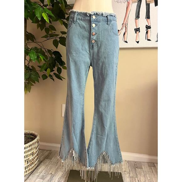 Banjul Dressy Y2K Jewel Fringe High Rise Flare Leg Denim Jeans Size Large - Picture 2 of 9
